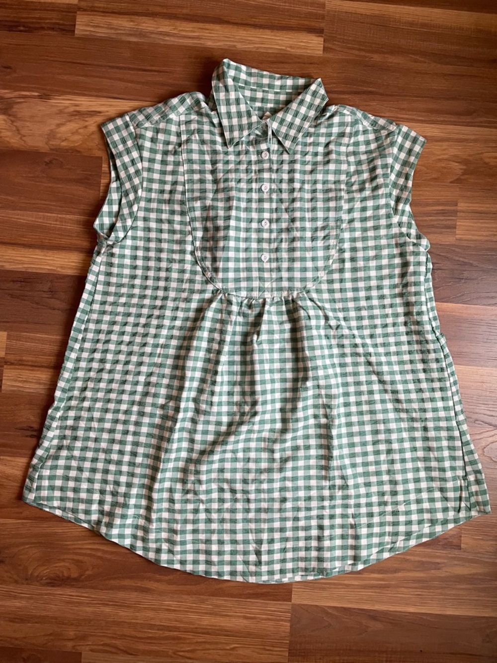 Green Gingham Sleeveless Collared Blouse | Flowy Button Front Top | Size S